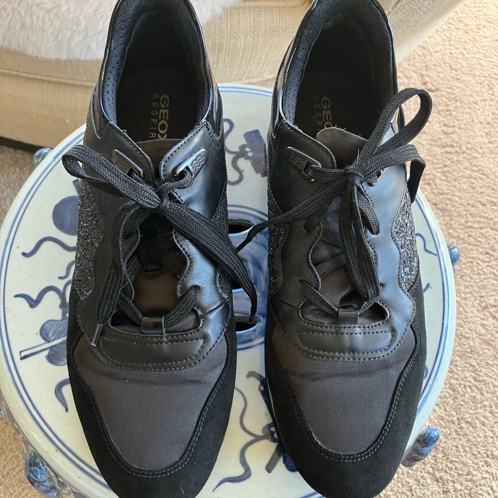 Geox shoes. Black leathery, satin, suede and glitter!